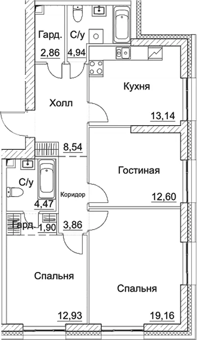 Планировка: 3-комнатная квартира 84,4 м² в ЖК «СЕЗАР СИТИ»
