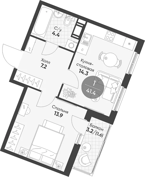 Планировка: 1-комнатная квартира 39,8 м² в ЖК «Клюква.Парк»