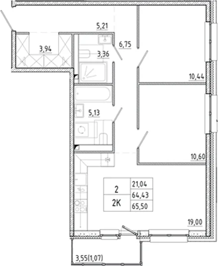 Планировка: Евротрёшка 64,4 м² в ЖК «Окла Вижн»
