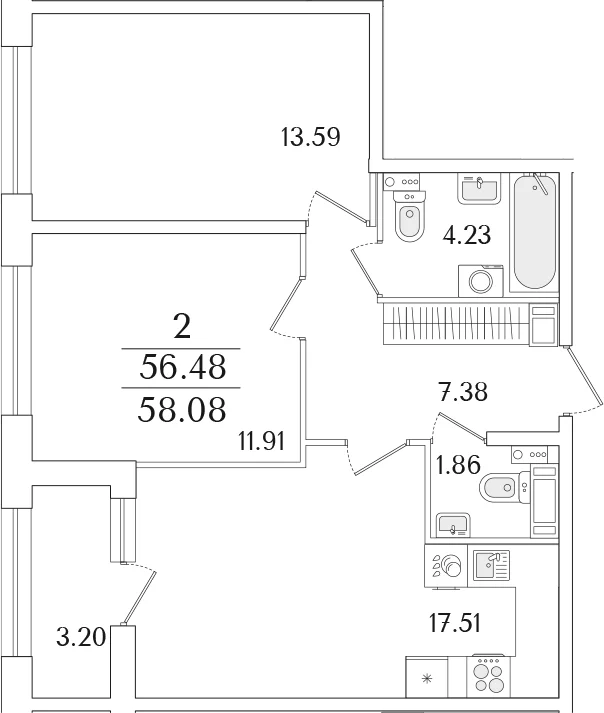 Планировка: 2-комнатная квартира 56,5 м² в ЖК «Аурум»