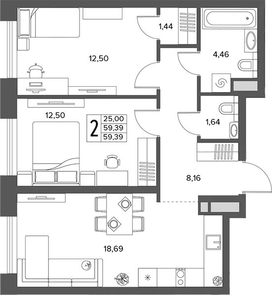 Планировка: Евротрёшка 59,4 м² в ЖК «Городской бор»