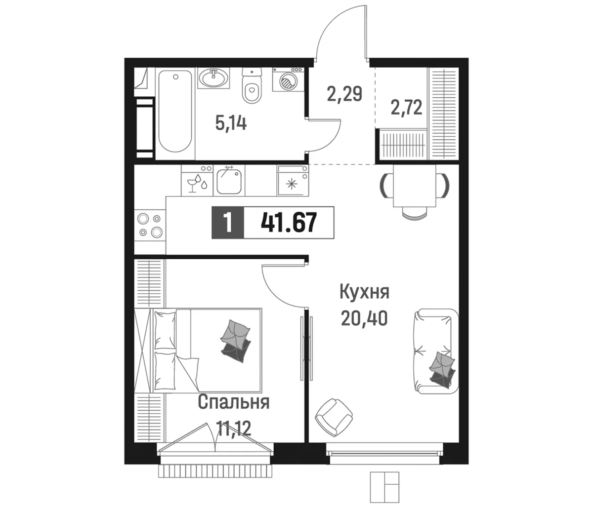 Планировка: Евродвушка 41,7 м² в ЖК «Максималист»