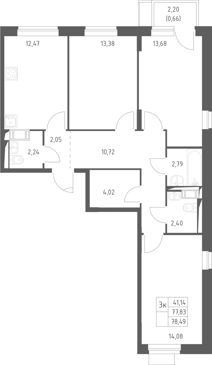 Планировка: 3-комнатная квартира 77,8 м² в ЖК «Пятницкие Луга»