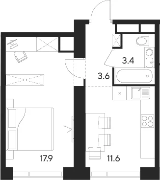 Планировка: 1-комнатная квартира 36,5 м² в ЖК «Инди Тауэрз от Аквилон»
