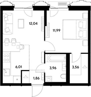 Планировка: Евродвушка 39,4 м² в ЖК «ЭВО»