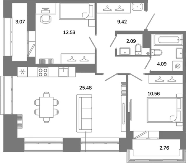 Планировка: Евротрёшка 64,2 м² в ЖК «Твой Космос»