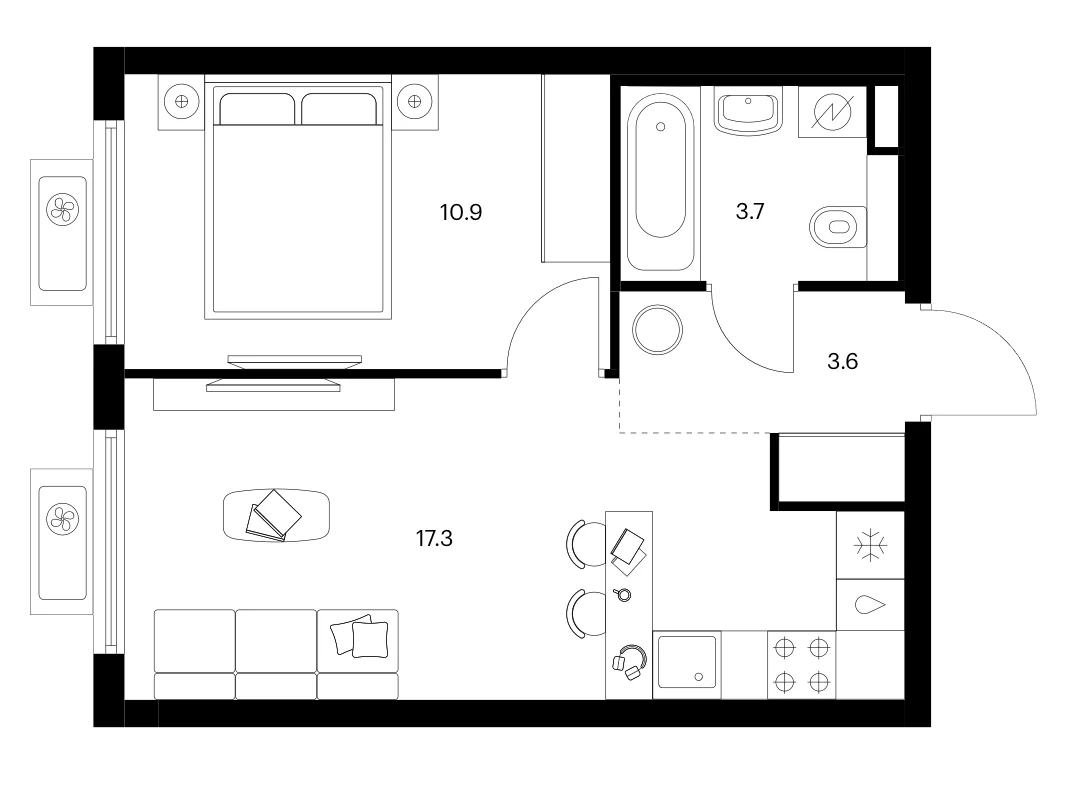 Планировка: 1-комнатная квартира 35,5 м² в ЖК «Белая Дача парк»