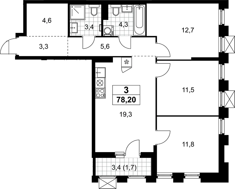 Планировка: Квартира евро-4 76,5 м² в ЖК «Деснаречье»