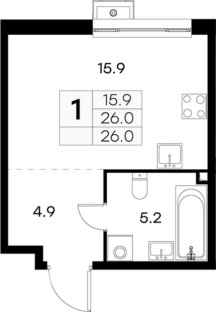Планировка: Студия 26 м² в ЖК «Куркино 15»