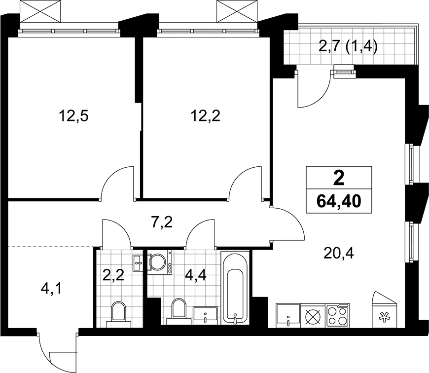 Планировка: Евротрёшка 63 м² в ЖК «Деснаречье»