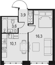 Планировка: 1-комнатная квартира 33,9 м² в ЖК «Левел Южнопортовая»
