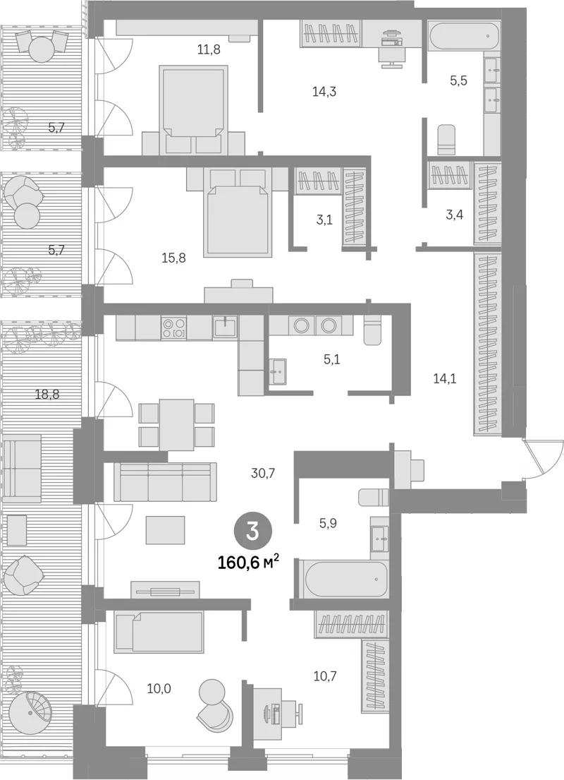 Планировка: 3-комнатная квартира 130,4 м² в ЖК «Квартал Издание»