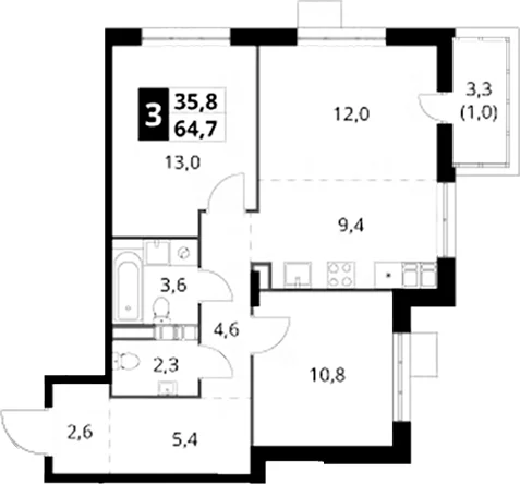 Планировка: Евротрёшка 63,7 м² в ЖК «1-й Саларьевский»