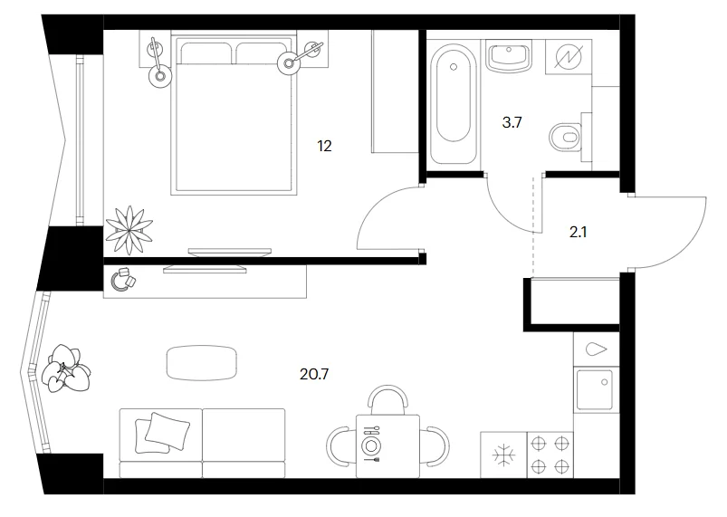 Планировка: 1-комнатная квартира 38,5 м² в ЖК «Бусиновский парк»