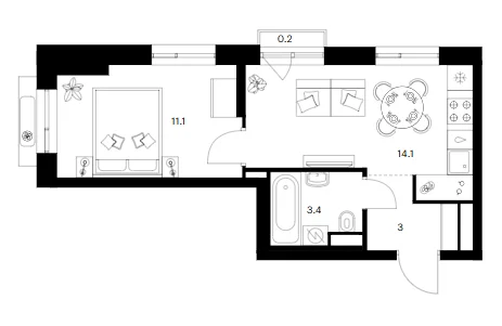 Планировка: 1-комнатная квартира 31,6 м² в ЖК «Лосиноостровский парк»