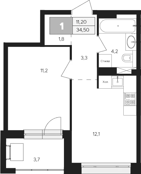 Планировка: 1-комнатная квартира 32,7 м² в ЖК «Ласточкино»