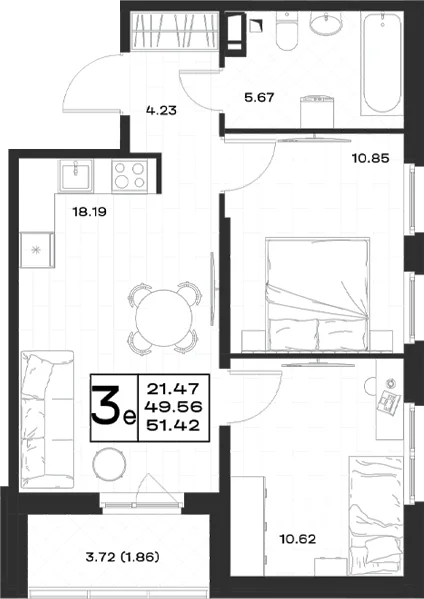 Планировка: Евротрёшка 49,6 м² в ЖК «Имена»