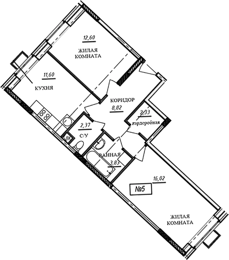 Планировка: 2-комнатная квартира 57,6 м² в ЖК «Краснофлотский»