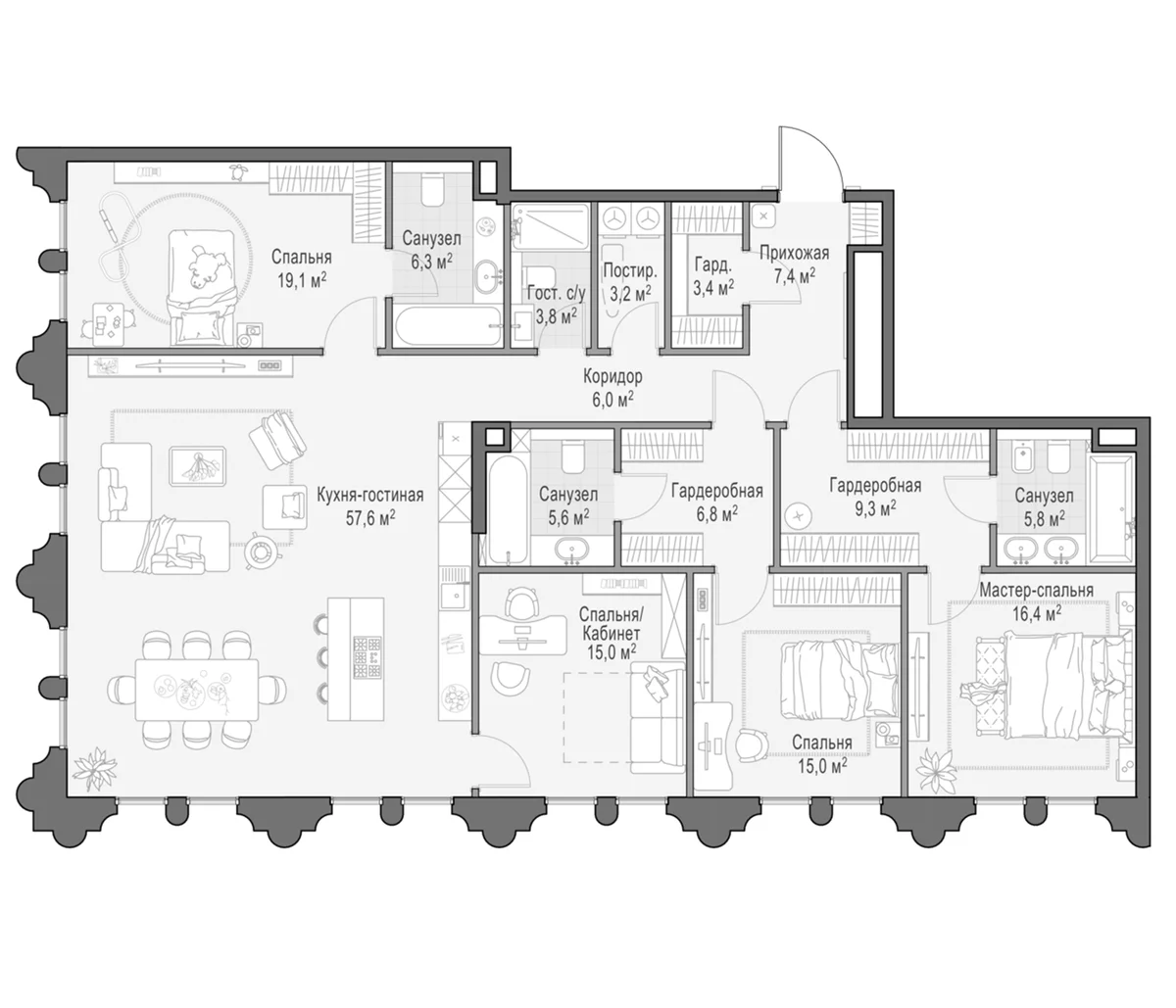 Планировка: Квартира евро-5 181,9 м² в ЖК «Клубный квартал Фрунзенский»