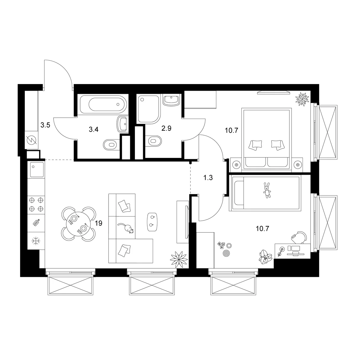 Планировка: 2-комнатная квартира 51,5 м² в ЖК «2-й Иртышский»