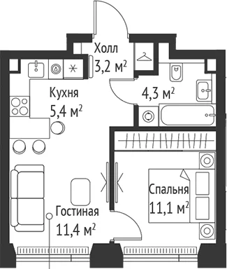 Планировка: Евродвушка 35,4 м² в ЖК «СЕТ»