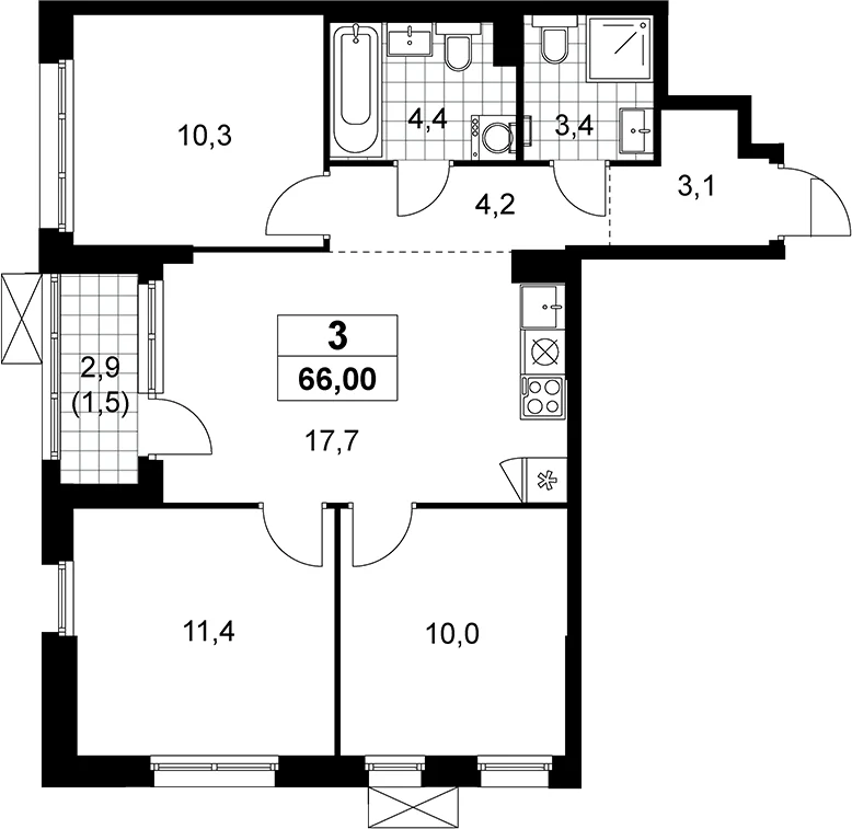 Планировка: Квартира евро-4 64,5 м² в ЖК «Прокшино»