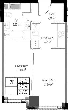 Планировка: Евродвушка 37,9 м² в ЖК «Мираполис»