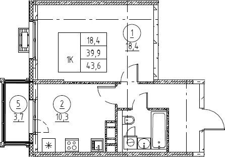 Планировка: 1-комнатная квартира 39,8 м² в ЖК «Крылов»