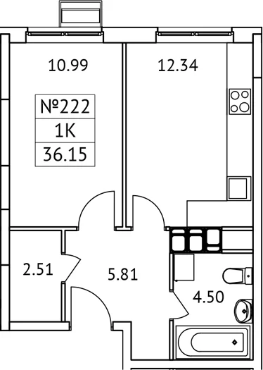 Планировка: 1-комнатная квартира 36,2 м² в ЖК «Новотомилино»