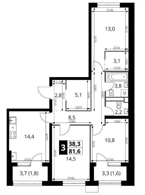Планировка: 3-комнатная квартира 78,2 м² в ЖК «1-й Ясеневский»