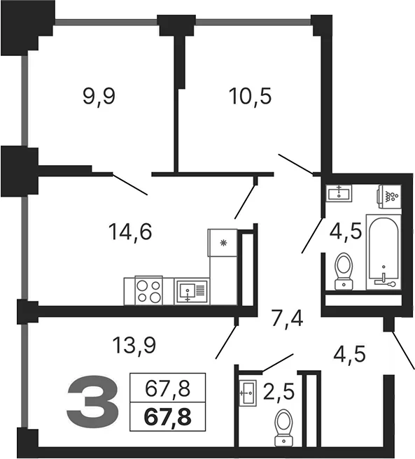Планировка: 3-комнатная квартира 67,8 м² в ЖК «Бестселлер»