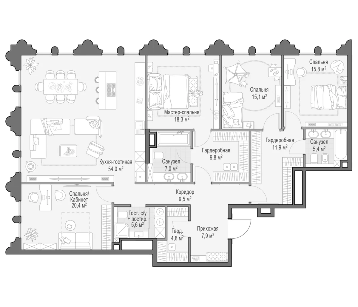 Планировка: Квартира евро-5 187 м² в ЖК «Клубный квартал Фрунзенский»