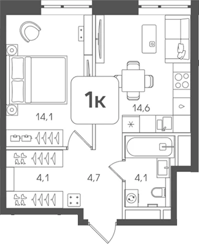 Планировка: 1-комнатная квартира 41,6 м² в ЖК «Мангазея на Речном»