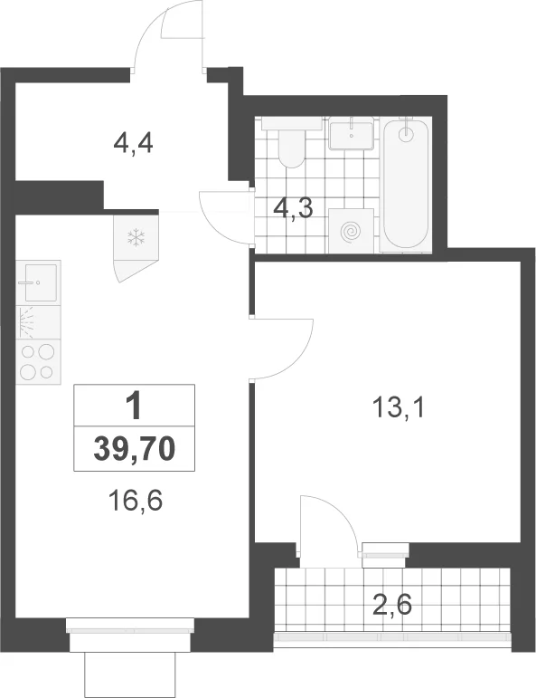 Планировка: Евродвушка 38,4 м² в ЖК «Деснаречье»