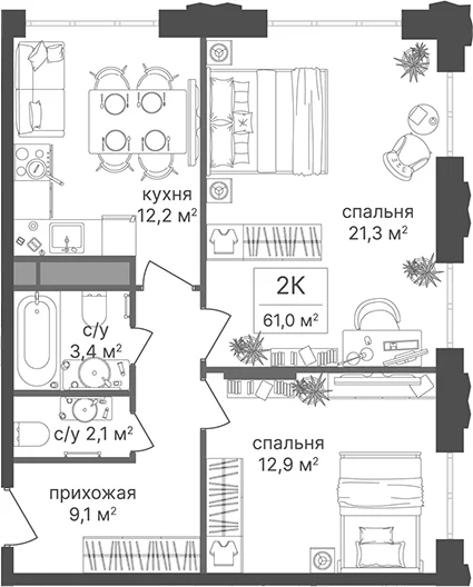 Планировка: 2-комнатная квартира 61 м² в ЖК «Гостиничный комплекс Варшавские ворота»
