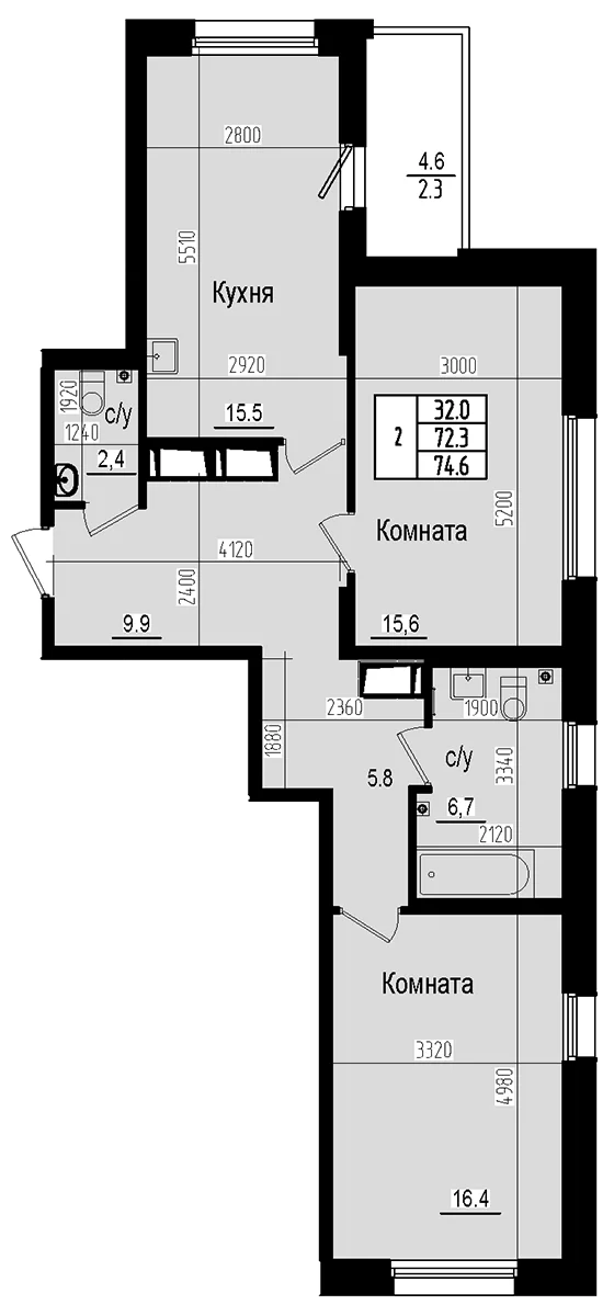 Планировка: Евротрёшка 72,3 м² в ЖК «Прагма Сити»
