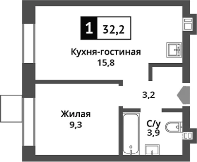Планировка: Евродвушка 32,2 м² в ЖК «Никольский квартал Отрада»