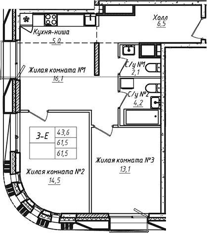 Планировка: Евротрёшка 61,5 м² в ЖК «УНО.Соколиная гора»