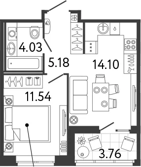 Планировка: 1-комнатная квартира 34,9 м² в ЖК «Ultra City 3.0»