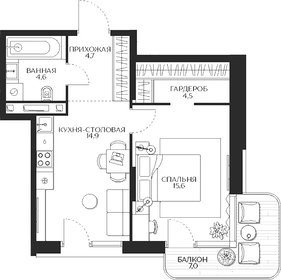 Планировка: 1-комнатная квартира 49,3 м² в ЖК «Кутузов Сити»