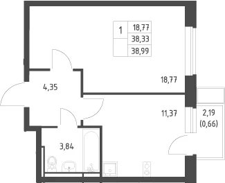 Планировка: 1-комнатная квартира 38,3 м² в ЖК «Новое Видное»