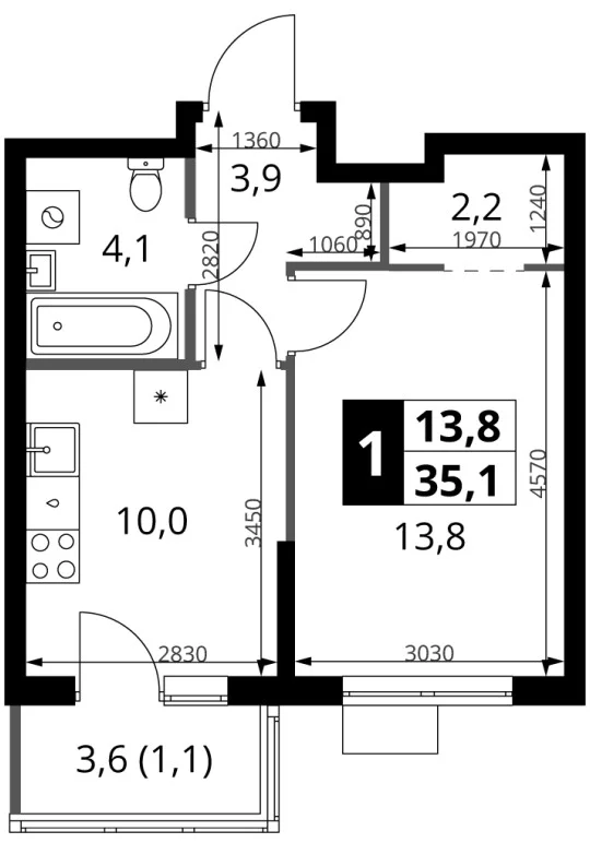 Планировка: 1-комнатная квартира 34 м² в ЖК «1-й Ясеневский»