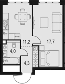 Планировка: 1-комнатная квартира 37,2 м² в ЖК «Левел Южнопортовая»