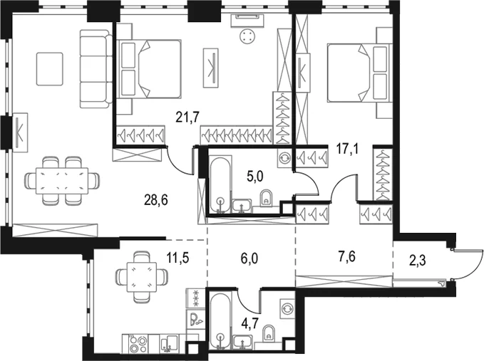 Планировка: 3-комнатная квартира 104,5 м² в ЖК «Левел Южнопортовая»