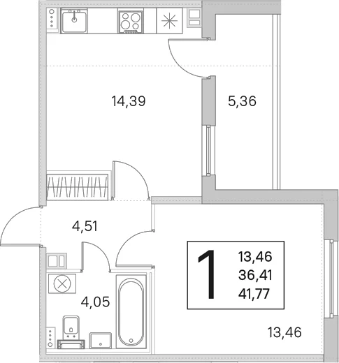 Планировка: 1-комнатная квартира 36,4 м² в ЖК «Любоград в Стрельне»