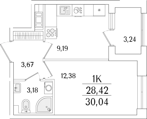 Планировка: 1-комнатная квартира 28,4 м² в ЖК «Гранат»