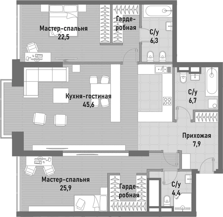 Планировка: Евротрёшка 120,1 м² в ЖК «Ренессанс»