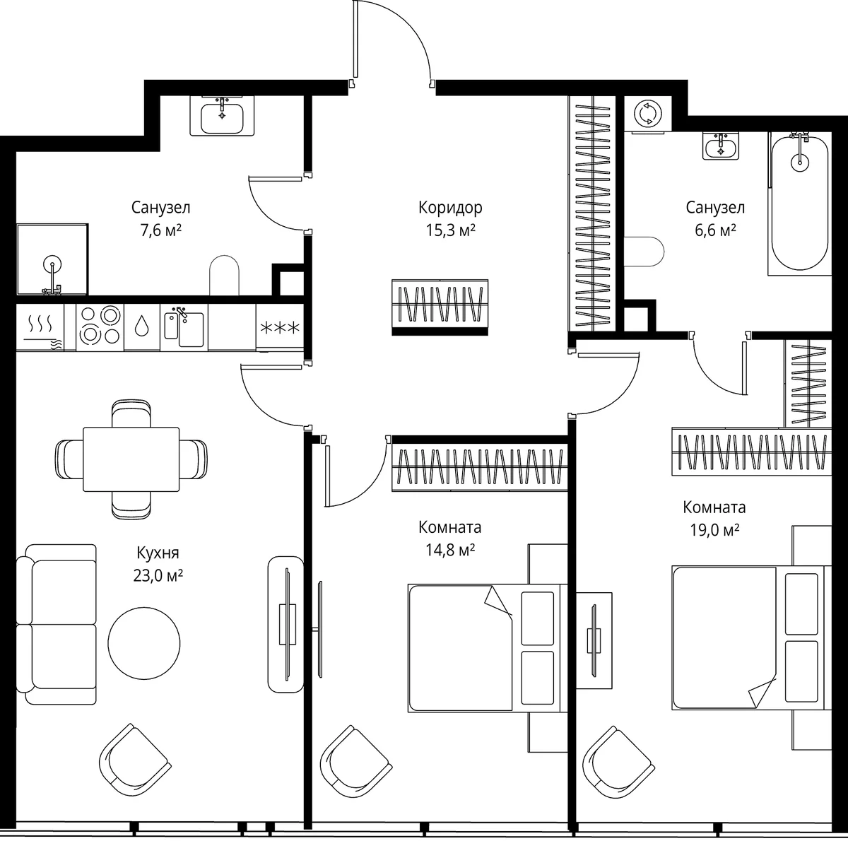 Планировка: Евротрёшка 86,3 м² в ЖК «ОНЕ»