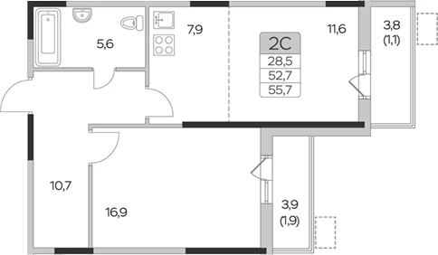 Планировка: 1-комнатная квартира 52,7 м² в ЖК «Пироговская ривьера»