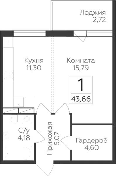 Планировка: 1-комнатная квартира 40,9 м² в ЖК «Панорама Юкки. ГК Развитие. Санкт-Петербург»